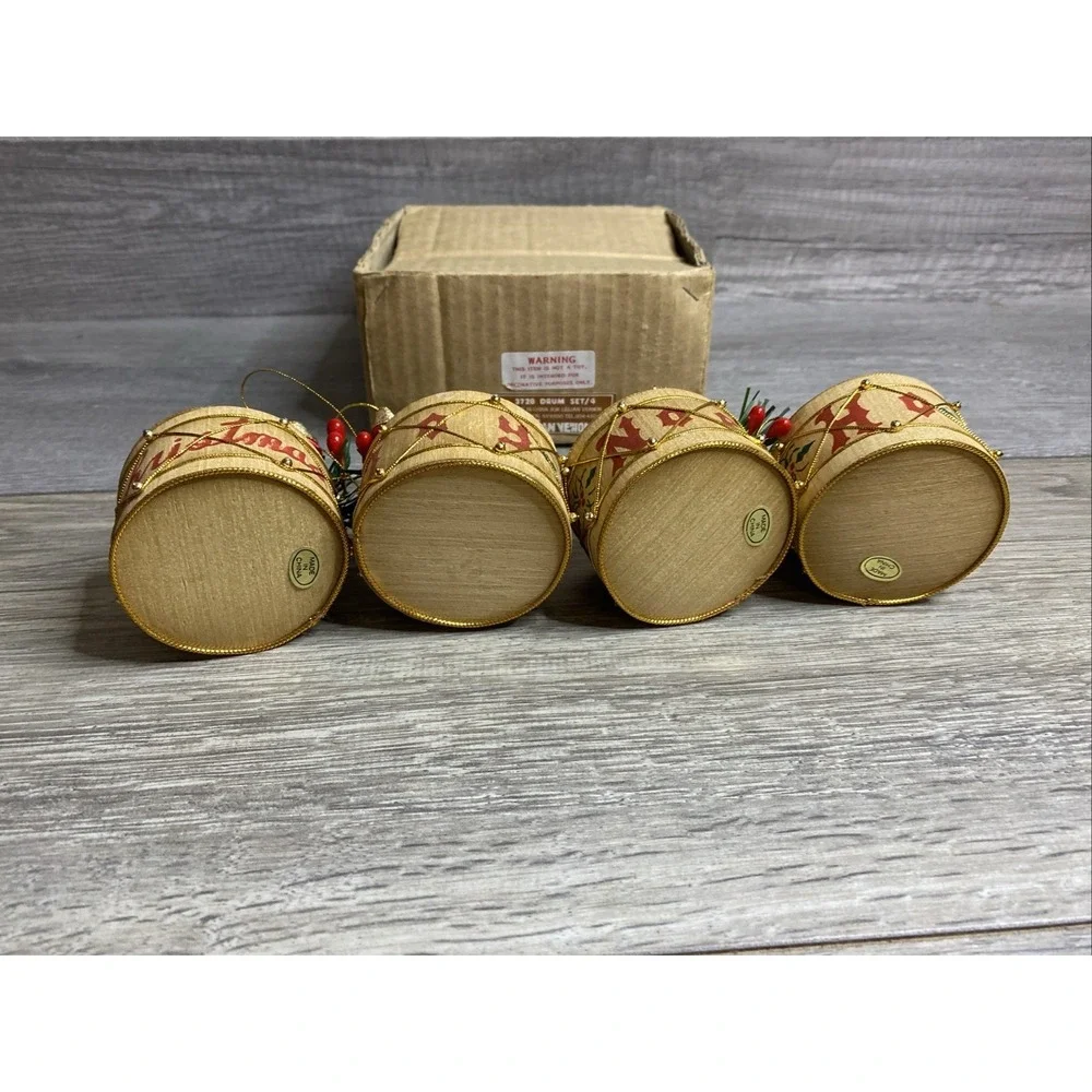 Lillian Vernon Set Of 4 Wooden Drum Ornament's (3728) Christmas Joy Noel Ho,‎ Ho